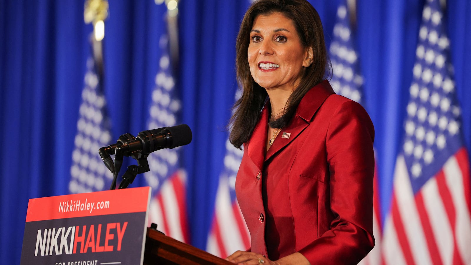 Nikki Haley speaks on stage at her watch party during the South Carolina Republican presidential primary election in Charleston, South Carolina