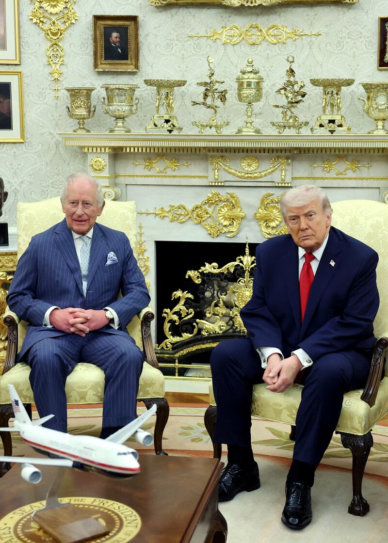 Trump with King Charles and plenty of gold pieces on the wall and mantle during their Tuesday meeting