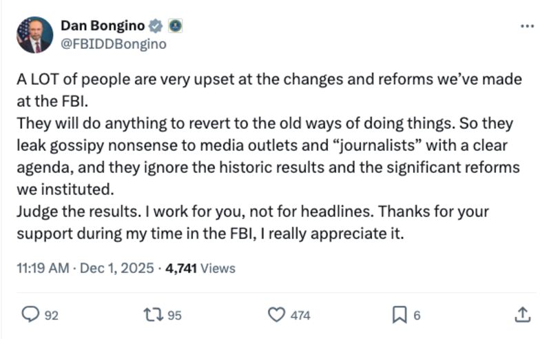 Dan Bongino X post that seems to be alluding to the Alliance dossier.