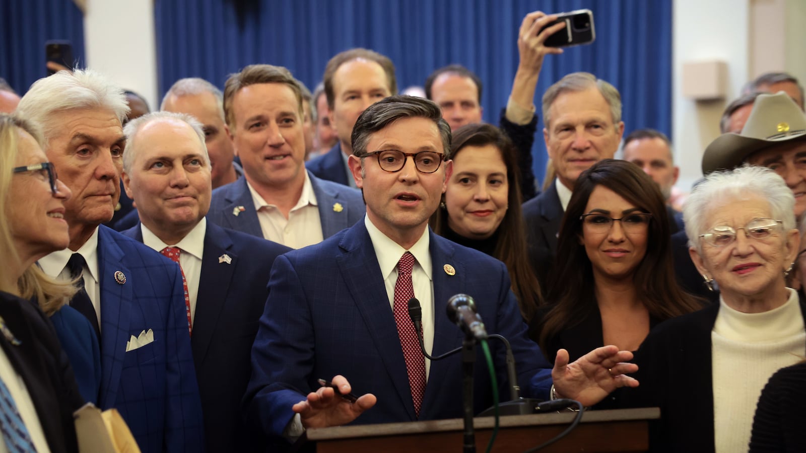 Rep. Mike Johnson (R-LA) speaks alongside fellow House Republicans after he was elected as the Republican House speaker nominee
