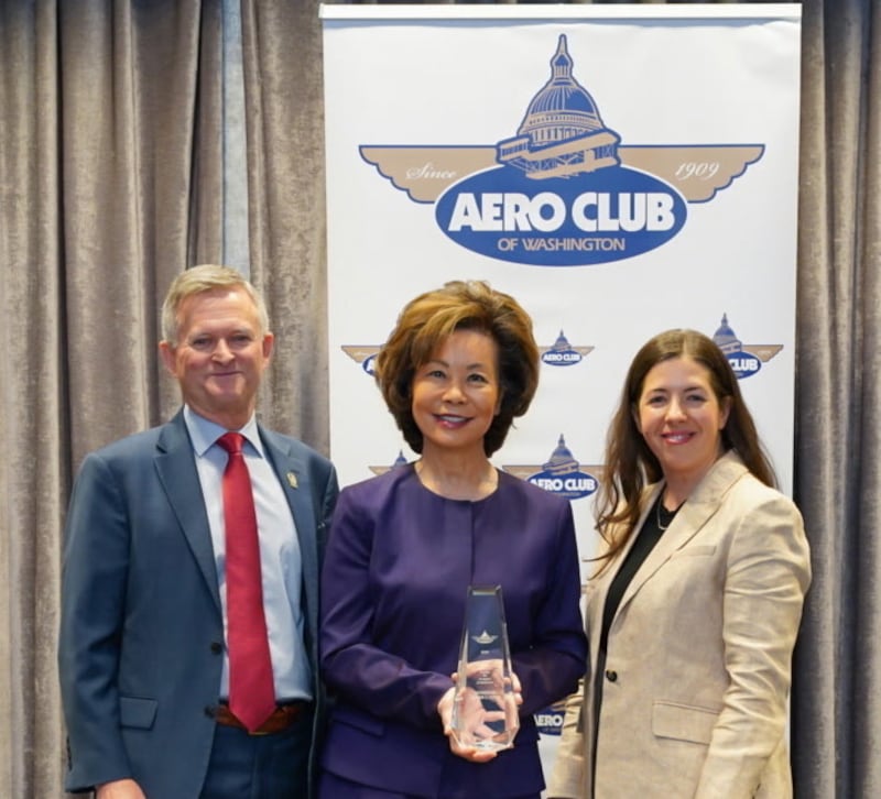 Elaine Chao accepted the Donald D. Engen Trophy for Aviation Excellence on Wednesday. Her husband did not appear in any photos from the event.
