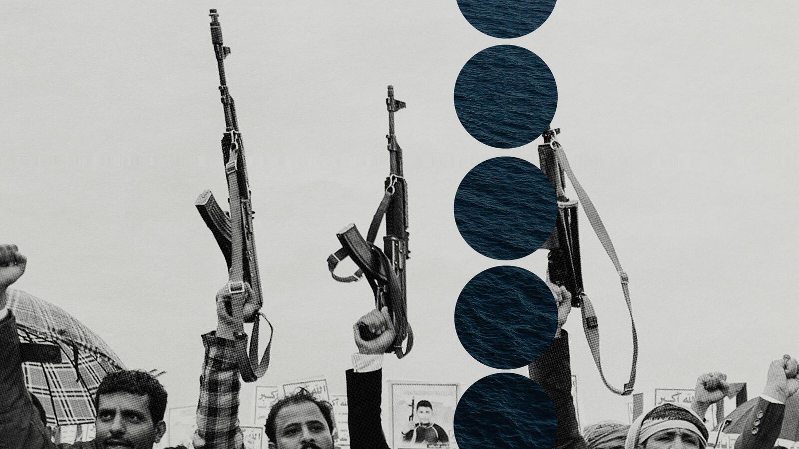 People lift rifles and placards as they chant during an anti-Israel and anti-US rally in the Huthi-controlled area of Yemen.