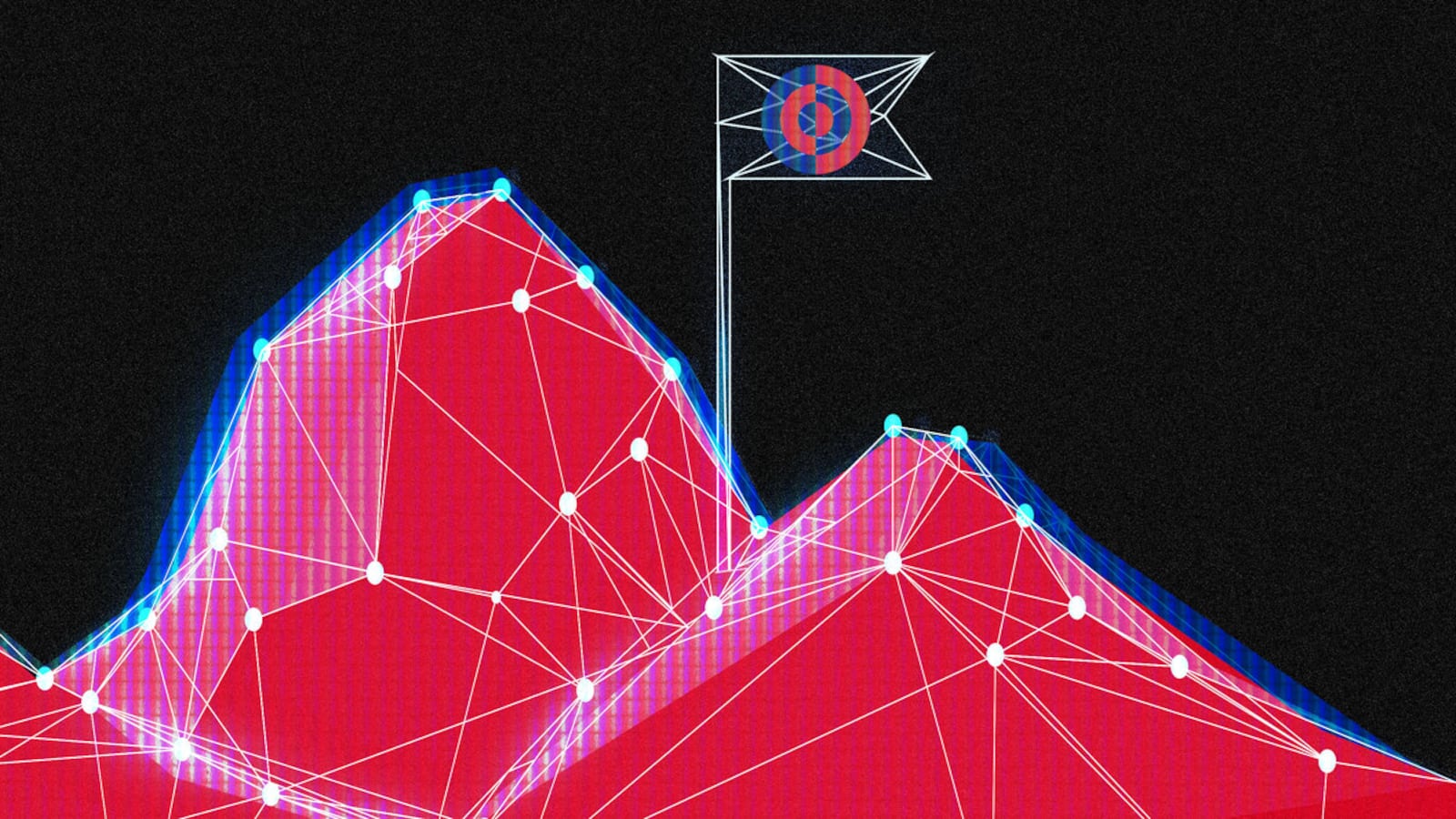 A photo illustration showing a digitally rendered mountains with a digitally rendered flag with the JSM bitcoin currency on it.