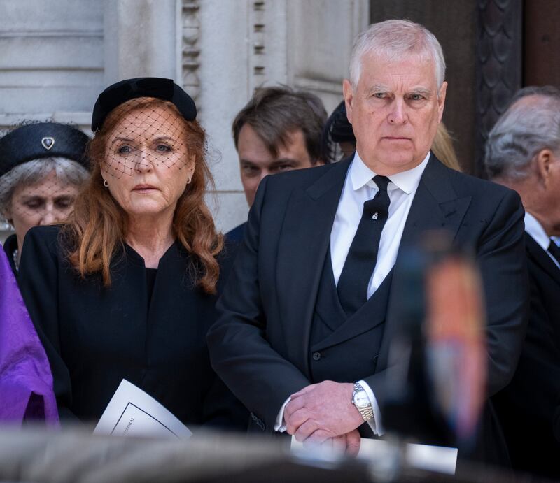 Prince Andrew, Duke of York and Sarah Ferguson, Duchess of York attend the funeral of Katharine, Duchess of Kent.