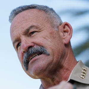 Riverside County Sheriff Chad Bianco speaks at a press conference in support of changing California's 'sanctuary city' law.  REUTERS/Mike Blake.