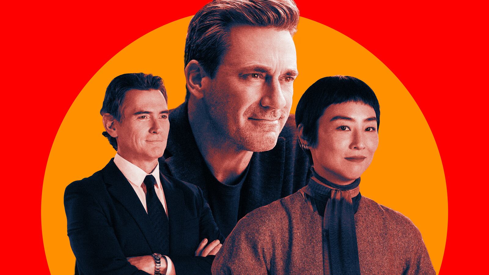 A photo illlustration of Billy Cudrup, Jon Hamm, and Greta Lee on The Morning Show.