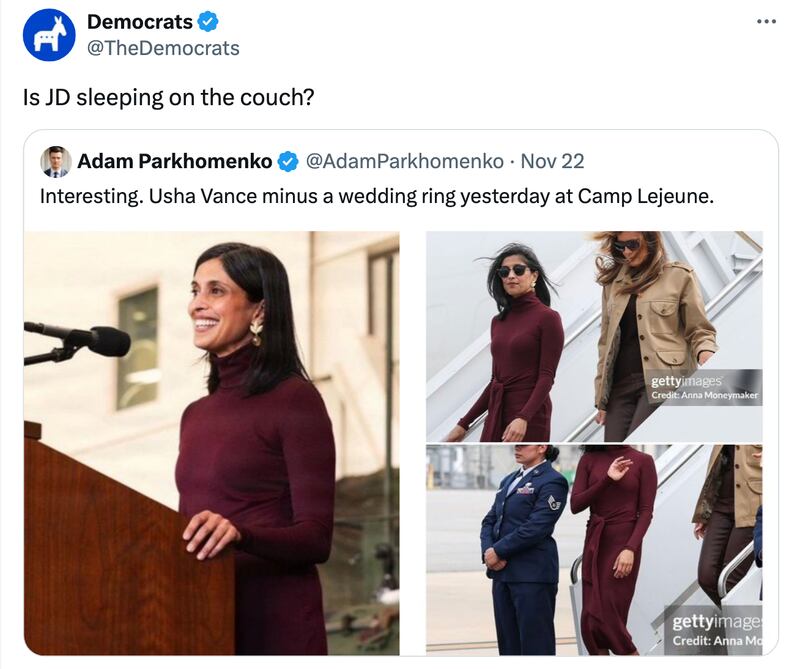 Tweet from the Democrats about Usha Vance and JD Vance