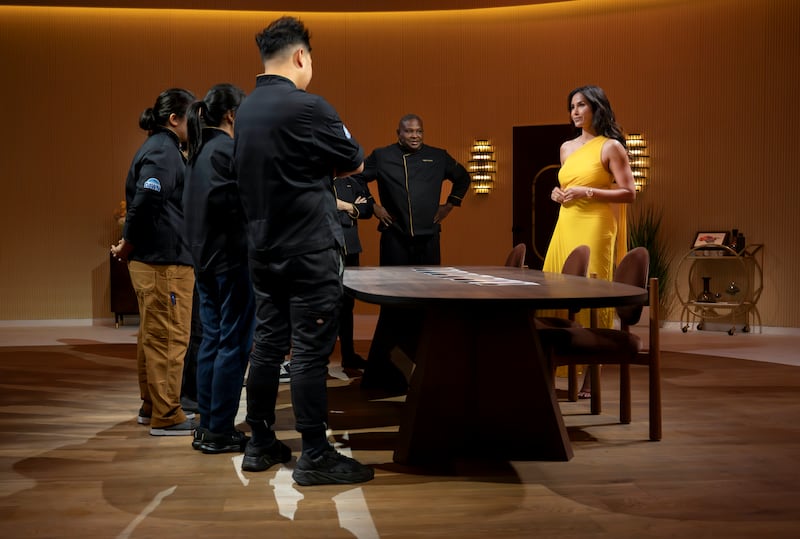 Buddha Lo, Emily Yuen, Malyna Si, Keith Corbin, and Padma Lakshmi.