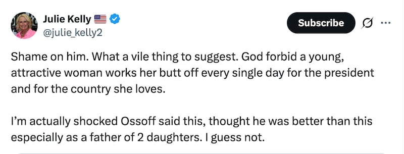 MAGA allies freak out over Sen. Jon Ossoff mentioning Natalie Harp in speech.
