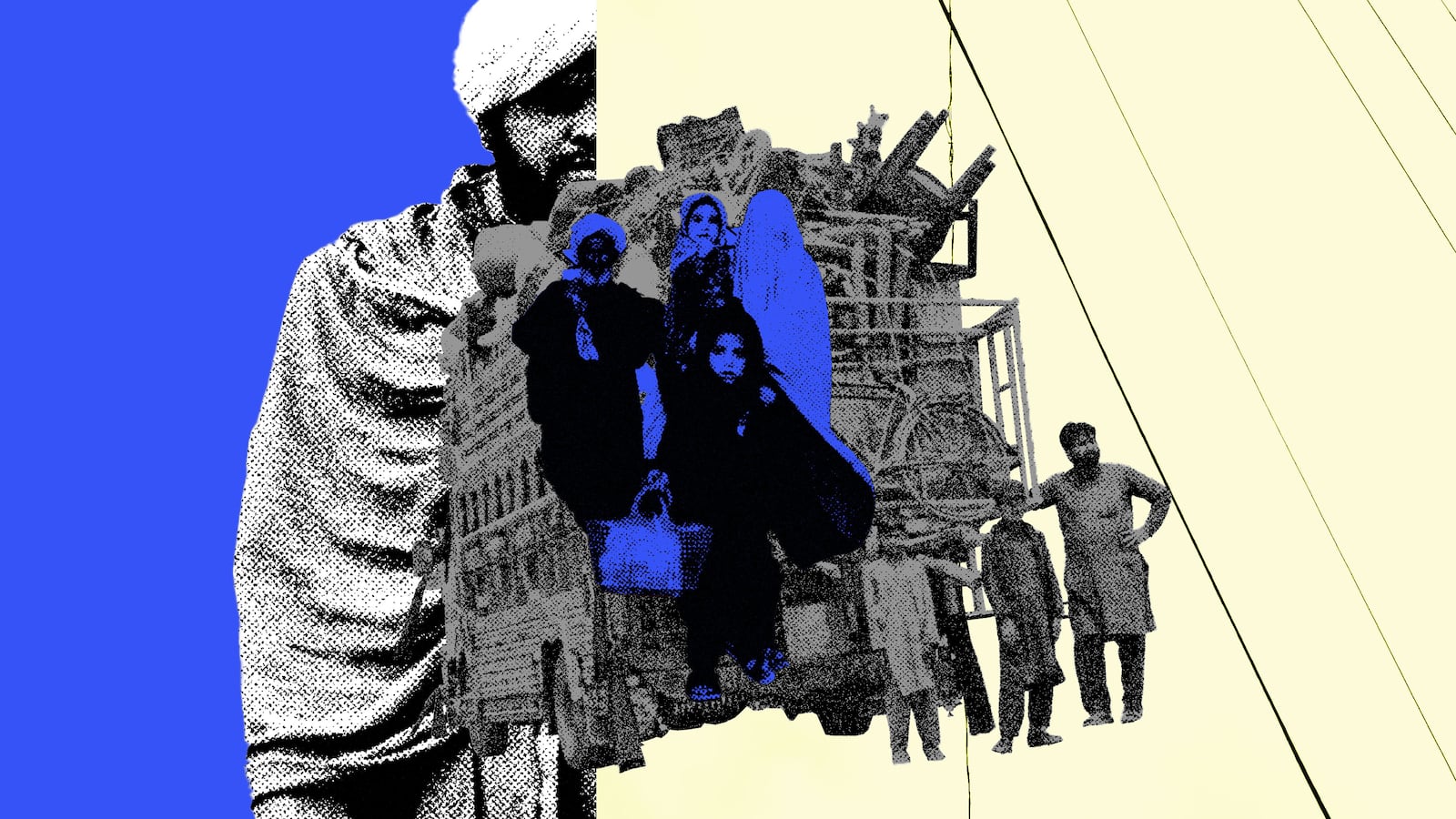 A photo illustration that shows a composite of Afghans crossing the border in blue and black
