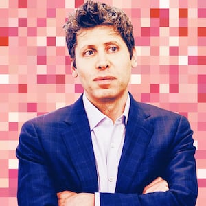 A photo illustration of Sam Altman of OpenAI in front of a pixelated background.