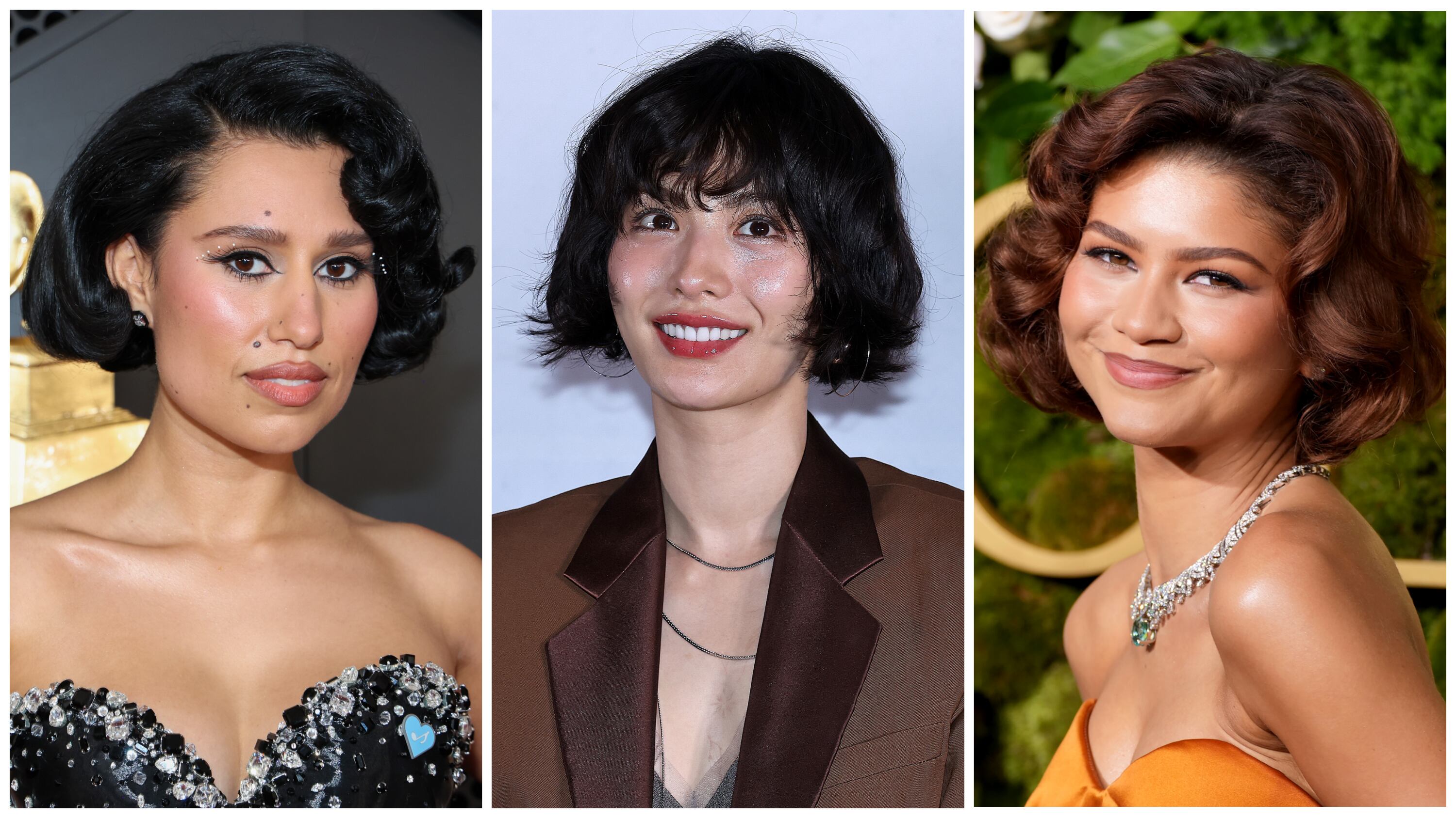 A trio of elegant, swooning French bobs, shown on Raye, Nana, and Zendaya