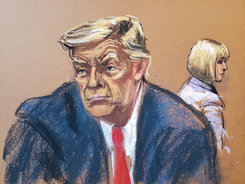 Former U.S. President Donald Trump and E. Jean Carroll attend jury selection in the second civil trial after Carroll accused Trump of raping her decades ago, at Manhattan Federal Court in New York City, U.S., January 16, 2024 in this courtroom sketch.
