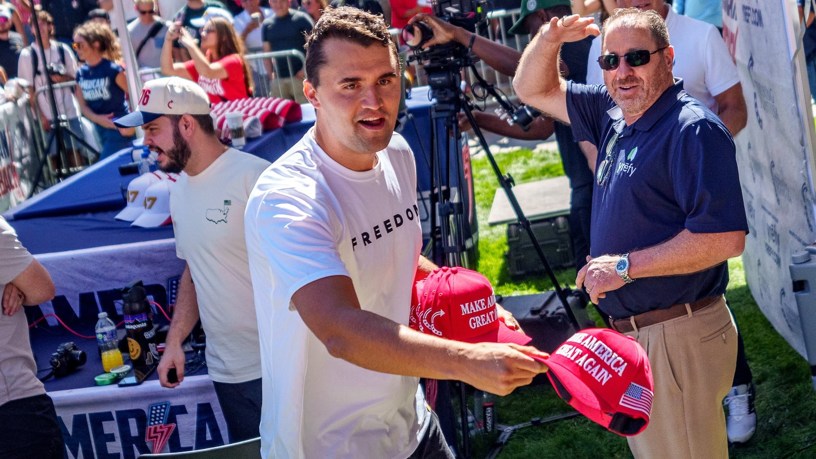 Charlie Kirk speaks at Utah Valley University on Sept. 10, 2025 in Orem, Utah. Kirk, founder of Turning Point USA, was speaking at his "American Comeback Tour" when he was shot in the neck and killed.