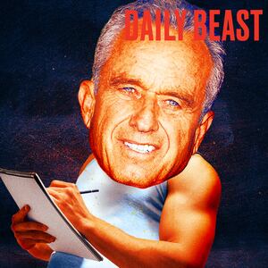 A photo illustration of RFK Jr. writing on an notepad.