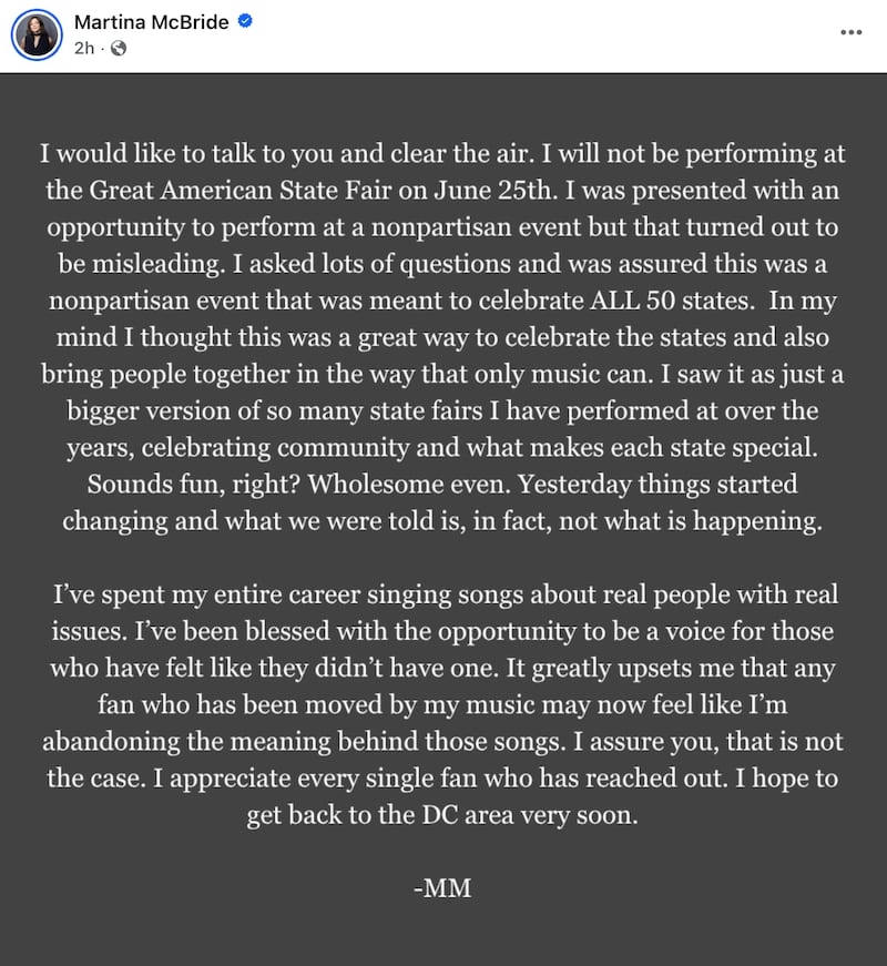 Martina McBride explains why she isn't performing at the Great American State Fair.