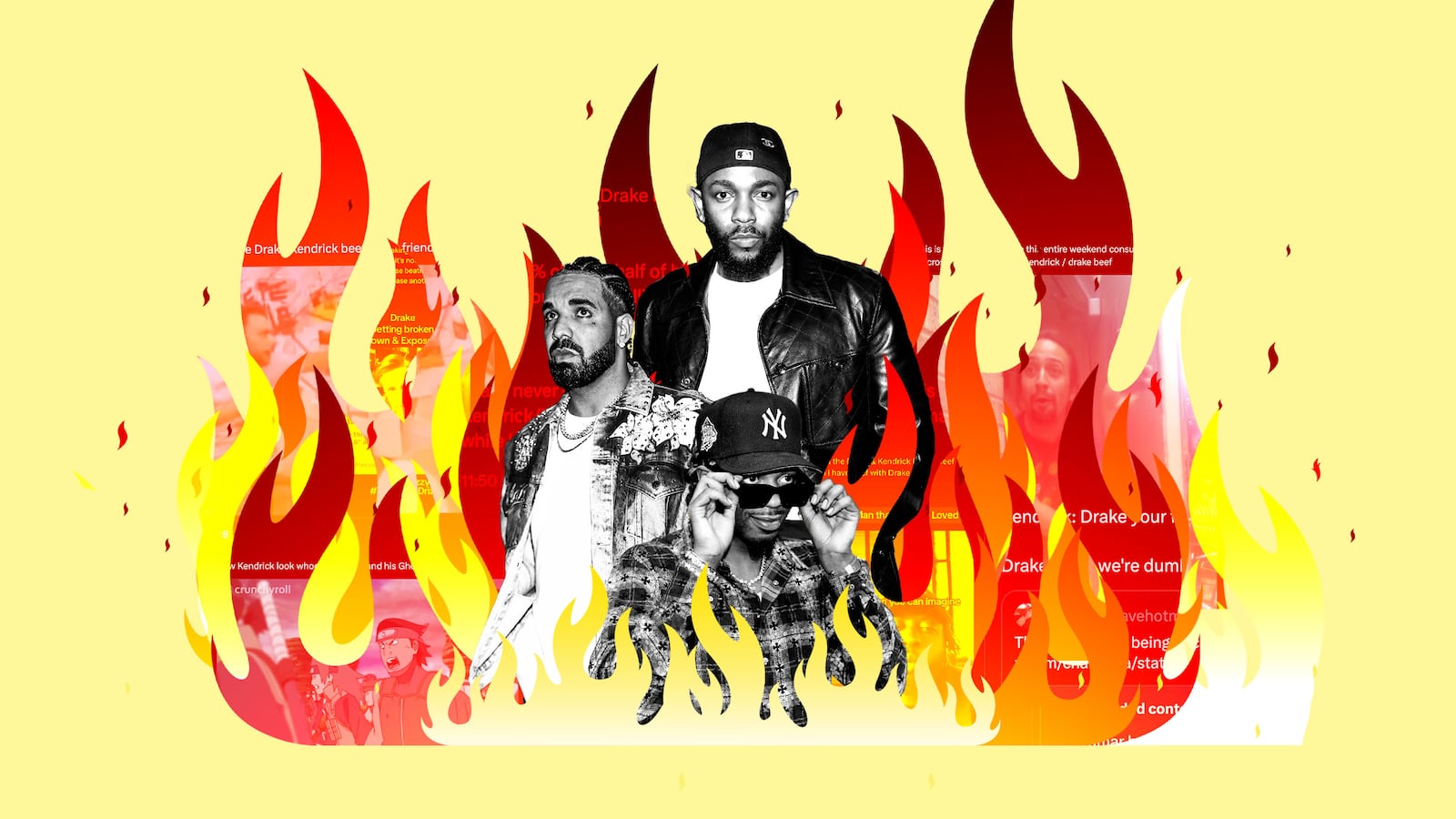 A photo illustration of Kendrick Lamar, Drake, and Metro Boomin in flames with tweets and memes.
