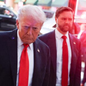 U.S. President Donald Trump and U.S. Vice President JD Vance arrive at Joe's Seafood restaurant near the White House for dinner, in Washington, D.C.