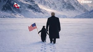 AI generated image of Trump walking through the snow next to a penguin holding the American flag