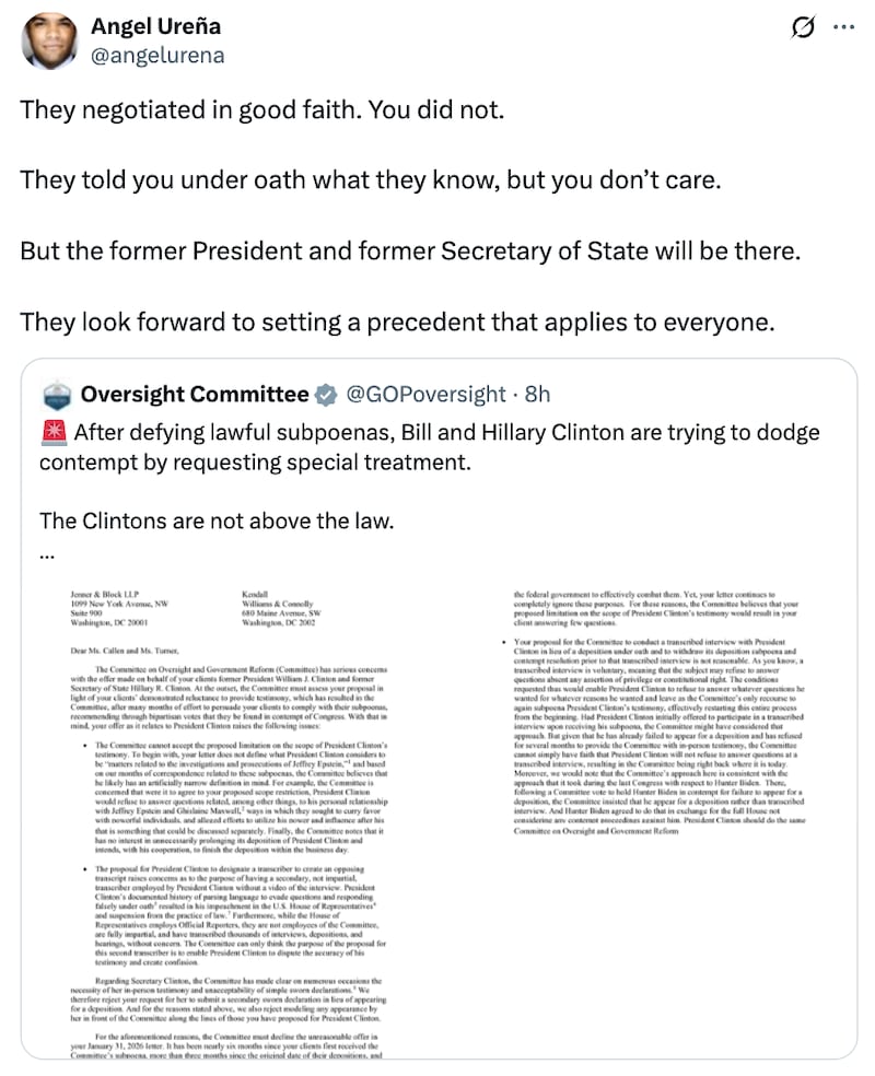 Angel Ureña X post about the Clintons testifying for the House Oversight Committee