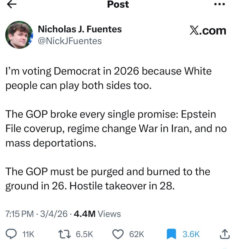 Fuentes wants to punish the GOP over Trump's attack on Iran by voting blue.