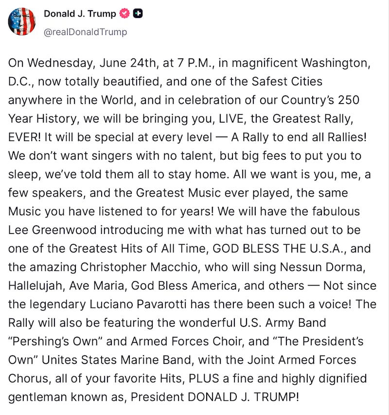 Donald Trump posts about headlining his own rally.