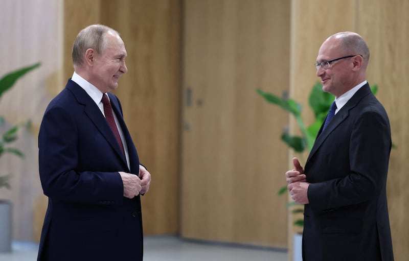 Russia's President Vladimir Putin and First Deputy Chief of Staff of the Presidential Office Sergei Kiriyenko visit Senezh Management Workshop before a meeting with participants of the "Time of Heroes" project established for Russian service members, who were involved in the country's military campaign in Ukraine and study to take up leadership positions in the state administration system, in the Moscow region's city of Solnechnogorsk, Russia June 14, 2024. Sputnik/Alexander Kazakov/Pool via REUTERS ATTENTION EDITORS - THIS IMAGE WAS PROVIDED BY A THIRD PARTY.