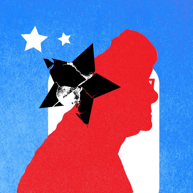 A silhouette of a woman that is crumbling apart with cracked stars around her 