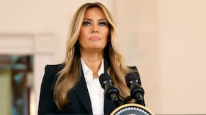First lady Melania Trump delivers remarks in the Grand Foyer at the White House on October 10, 2025 in Washington, DC.