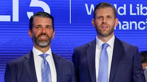 NEW YORK, NEW YORK - AUGUST 13: Eric Trump (center), the newly appointed ALT5 Board Director of World Liberty Financial, is joined by his brother and ALT5 Board Observer Donald Trump Jr. (left), and Zach Witkoff, Co-Founder and CEO of World Liberty Financial to mark the $1.5B partnership between World Liberty Financial (WLFI) and ALT5 Sigma with the ringing of the NASDAQ opening bell on August 13, 2025 in New York City. The deal, in which ALT5 Sigma acquired 7.5 percent of the total WLFI token supply, marks a step in merging traditional finance with digital assets. (Photo by Spencer Platt/Getty Images)