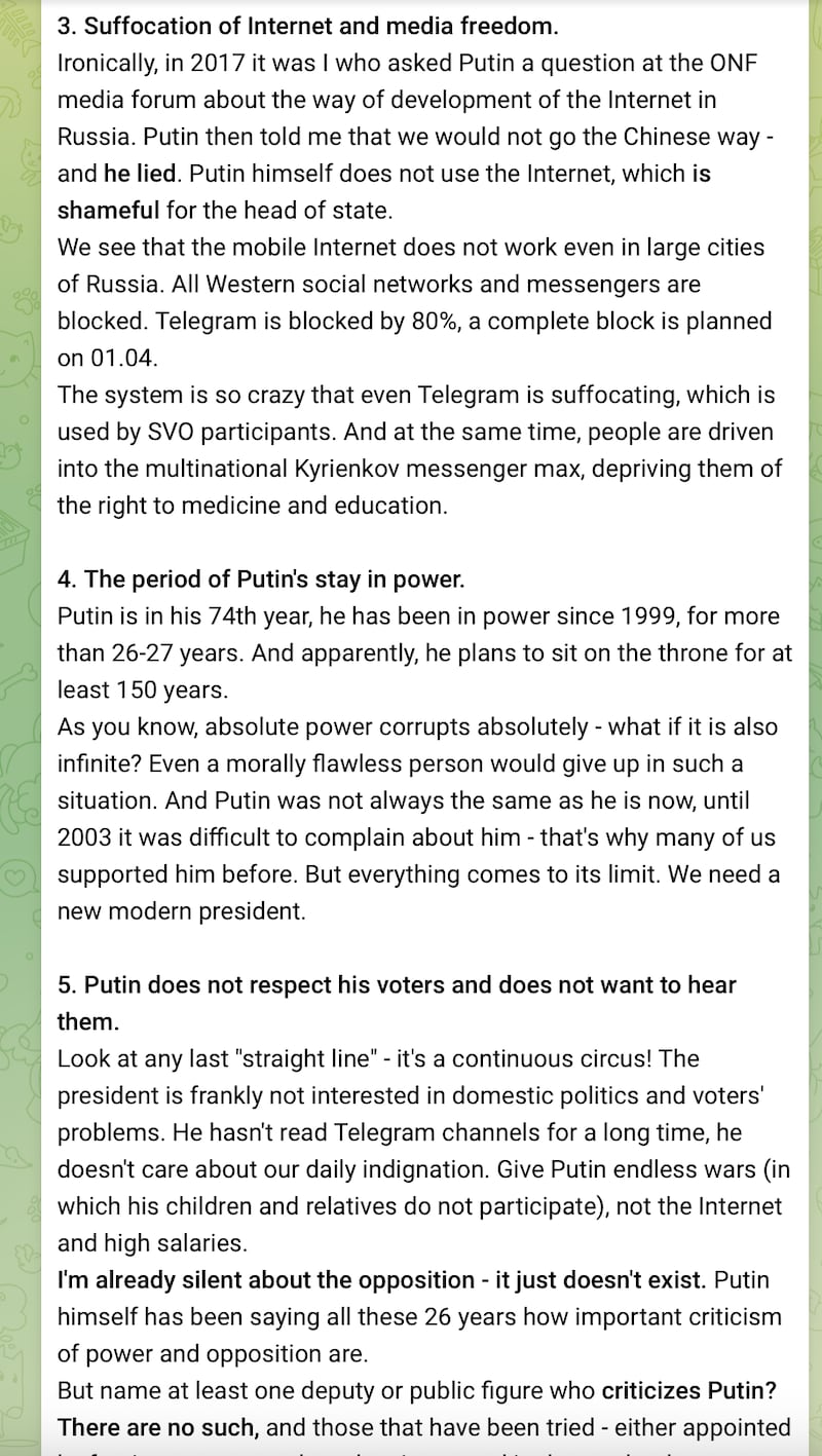 Remeslo lays out his opposition to the Russian leader. Ilya Remeslo/Telegram.