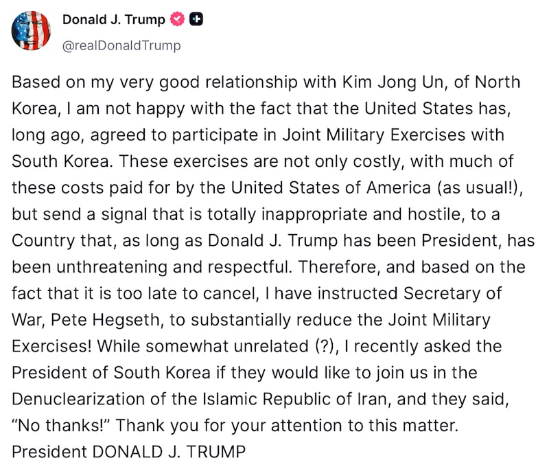 Donald Trump claims he is downsizing military exercises with South Korea.