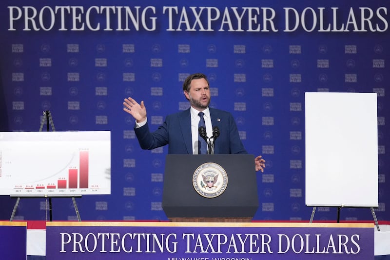 U.S. Vice President JD Vance discusses anti-fraud initiatives during a visit to Wisconsin Air National Guard's 128th Air Refueling Wing at Milwaukee Mitchell Airport in Milwaukee, Wisconsin, U.S. July 8, 2026. Mark Schiefelbein/Pool via REUTERS