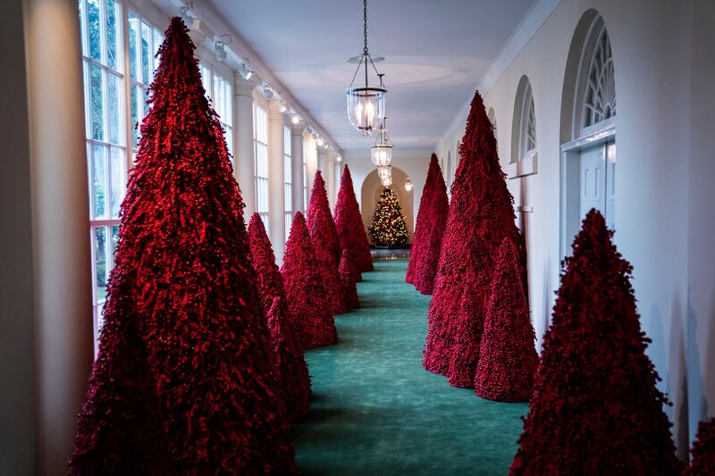 WASHINGTON, DC - JANUARY 6 : Trees line the East Colonnade during the White House Christmas preview in the East Wing of the White House on Monday, Nov. 26, 2018 in Washington, DC. (Photo by Jabin Botsford/The Washington Post via Getty Images)