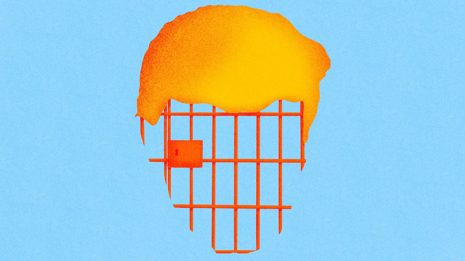 Illustration of Donald Trump’s hair on a face made of prison bars on a blue background.