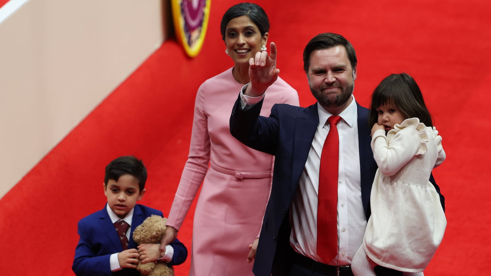 Second lady Usha Vance and Vice President J.D. Vance arrive with their children to the inauguration parade on January 20.
