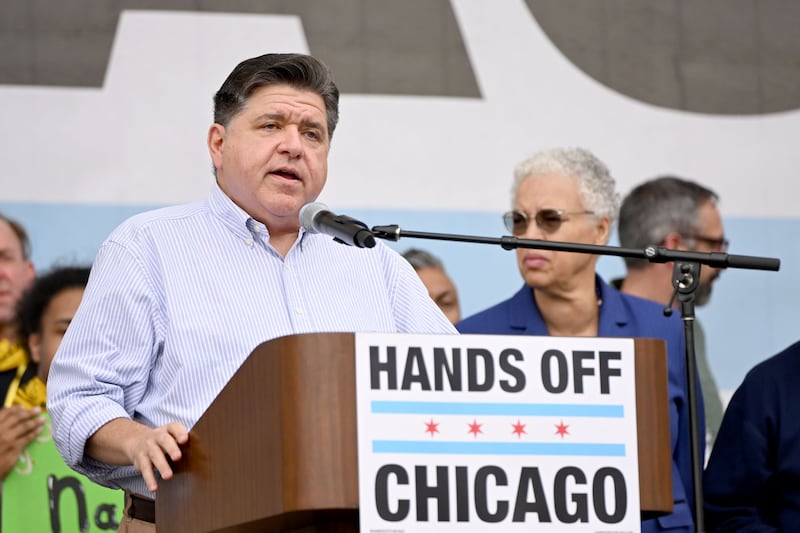 CHICAGO, ILLINOIS - OCTOBER 18: JB Pritzker, Governor of Illinois, speaks onstage as people protest as part of the No Kings Rallies on October 18, 2025 on October 18, 2025 in Chicago, Illinois.