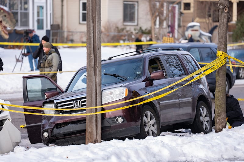 MINNEAPOLIS, MN. - JANUARY 2026: A single bullet hole can be seen on the driver's side of the windshield of a vehicle that a woman was shot and killed in by a federal officer on Portland Avenue in Minneapolis, Minn., on Wednesday, January 7, 2026. The Department of Homeland Security confirmed that a woman was shot and killed by an Immigration and Customs Enforcement (ICE) agent during a confrontation between federal agents and protesters in south Minneapolis. (Photo by Alex Kormann/The Minnesota Star Tribune via Getty Images)