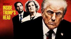 Marco Rubio and Susie Wiles standing behind Donald Trump