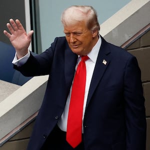 Sep 7, 2025; Flushing, NY, USA;  President Donald Trump and Rolex ceo Jean-Frederic Dufour prior to the final of mens singles at Billie Jean King National Tennis Center. Mandatory Credit: Geoff Burke-Imagn Images