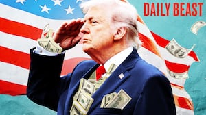Trump with money stuffed into his suit.