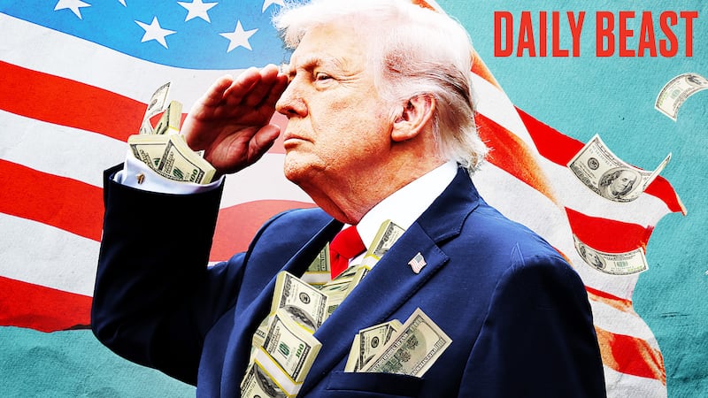 Trump with money stuffed into his suit.