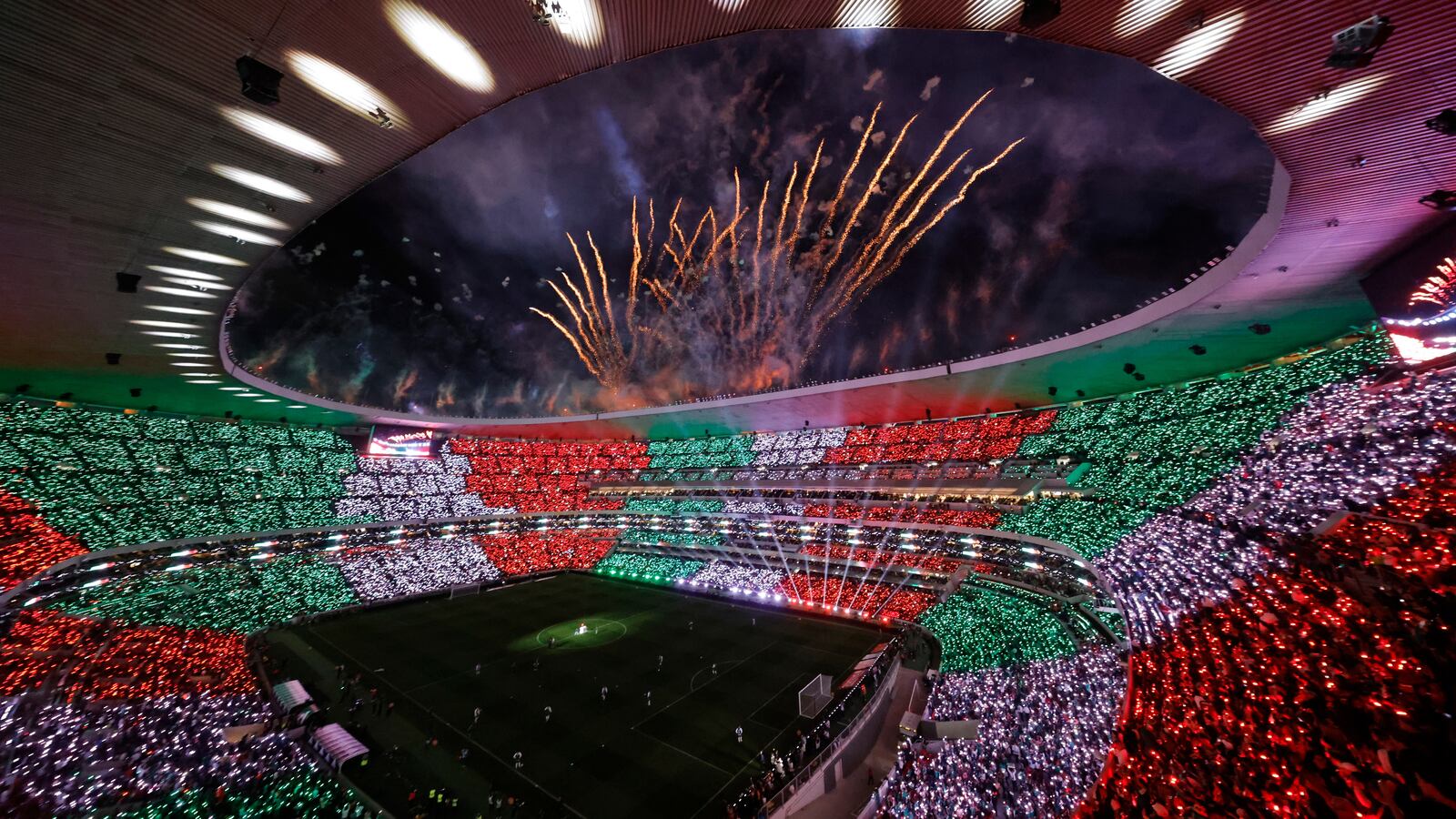 General view inside the stadium during the light and fireworks show at half time during an international friendly between Mexico and Portugal at Banorte Stadium on March 28, 2026 in Mexico City, Mexico.