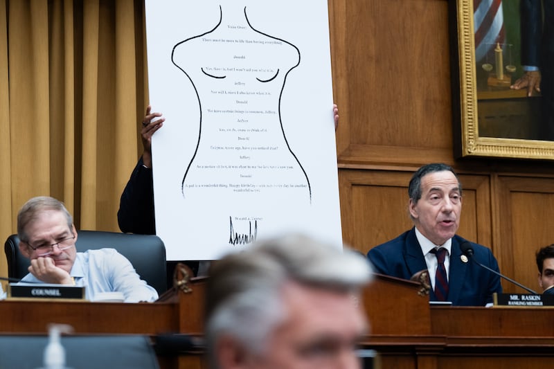 Rep. Jamie Raskin, D-Md., right, references an alleged drawing by Donald Trump