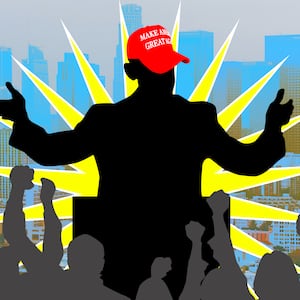 A photo illo illustration of a politician in front of Los Angeles skyline.