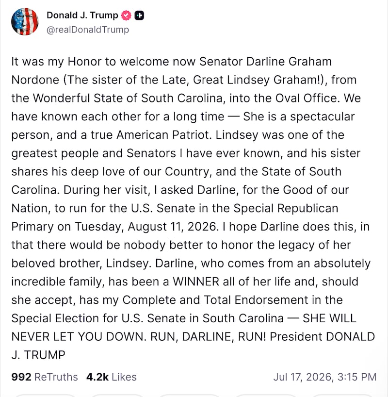 Trump backs late Sen. Lindsey Graham's sister running for a full term to represent South Carolina in the Senate after she was appointed to serve out the rest of his term following the senator's death.