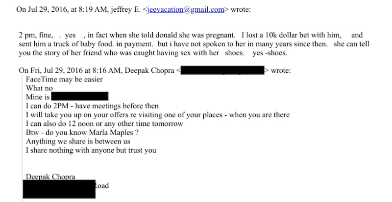Screenshot of a reply email from Jeffrey Epstein to Deepak Chopra in which Epstein references Marla Maples and recounts a shoe-related sexual anecdote.
