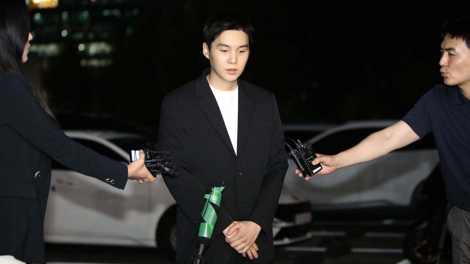 K-pop Band BTS Member Suga arrives at the Yongsan police station on Aug. 23, 2024, in Seoul, South Korea.