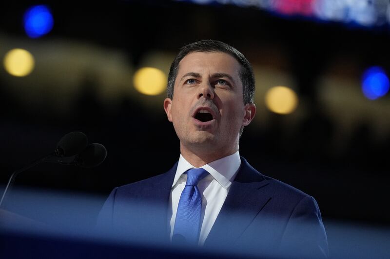 Pete Buttigieg speaks on stage during the third day of the Democratic National Convention at the United Center on August 21, 2024 in Chicago, Illinois.
