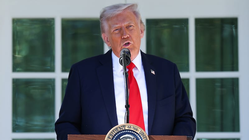 WASHINGTON, DC - OCTOBER 21: U.S. President Donald Trump delivers remarks during a luncheon in the Rose Garden of the White House on October 21, 2025 in Washington, DC. President Trump hosted the "Rose Garden Club" lunch with Senate Republicans as the federal government shutdown reaches its 21st day. (Photo by Anna Moneymaker/Getty Images)